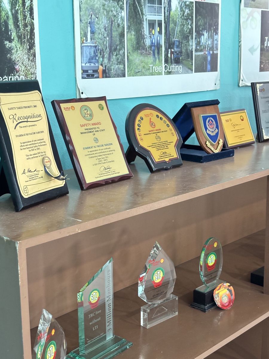 Safety awards, plaques and trophies displayed at the SHYT office