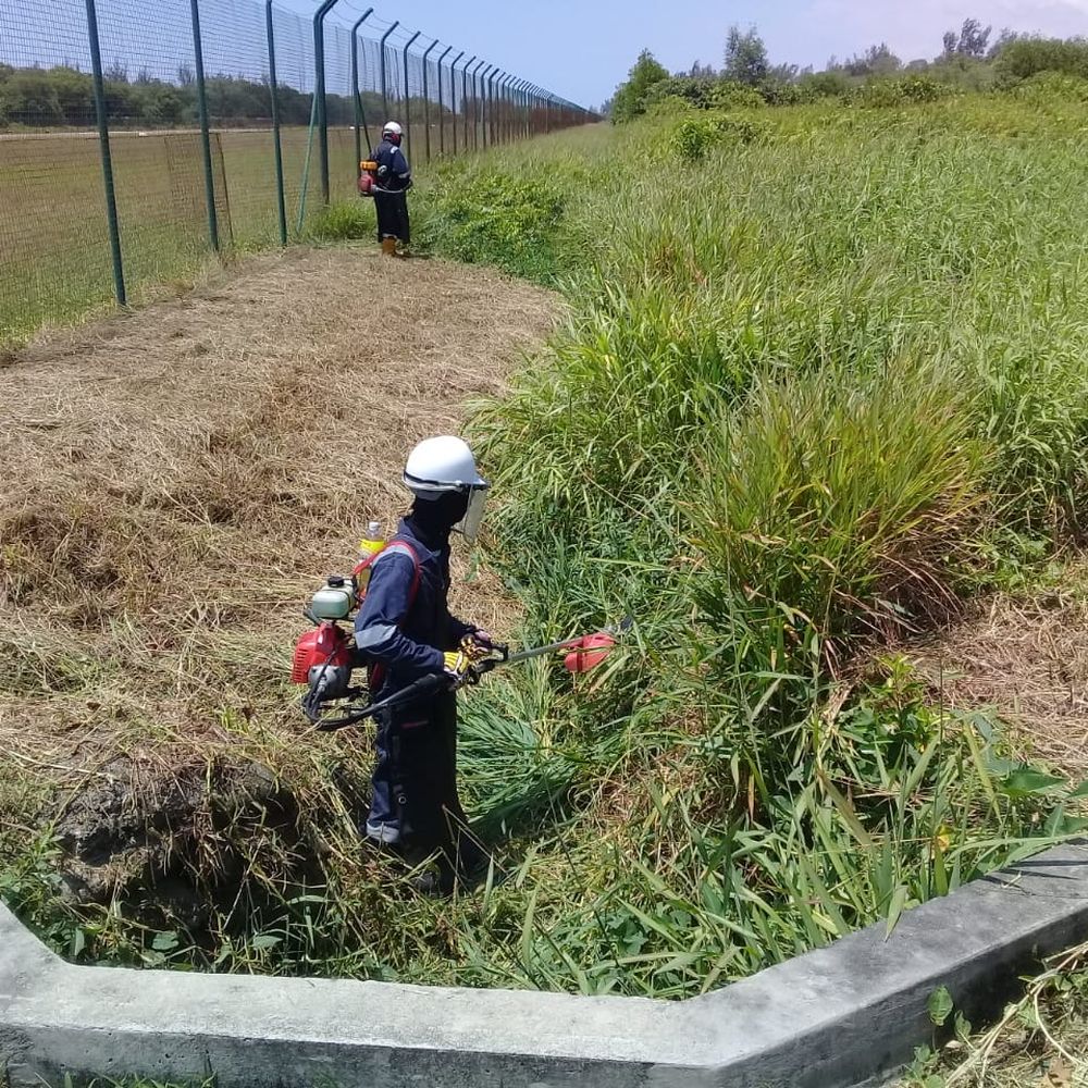 Grass cutting on a fenced slope